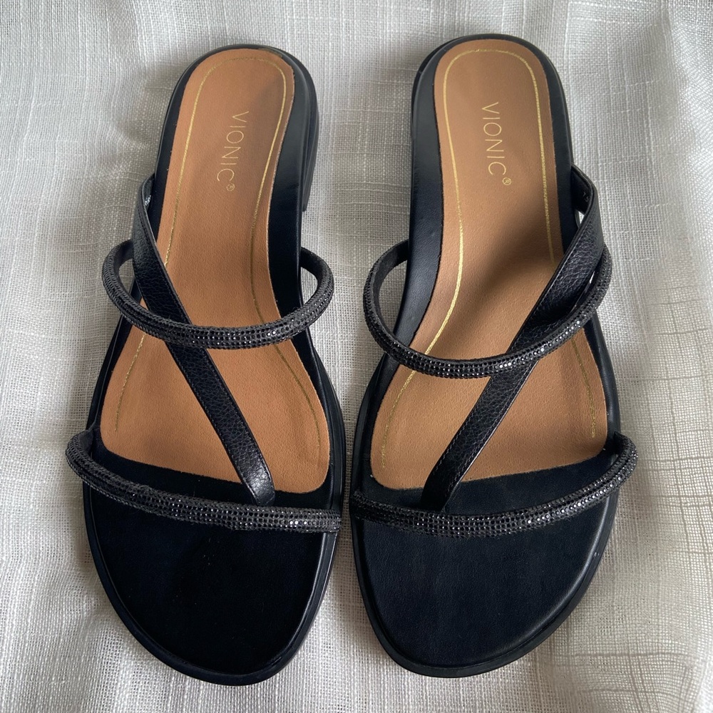 Vionic Black Strappy Slide Sandals
